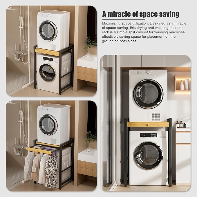 Washer Dryer Stacking Rack, 550lbs Capacity Heavy Duty Washing Machine Storage Utility Rack with Countertop, Height Adjustable Washing Machine Shelf for Laundry Rooms Bathrooms