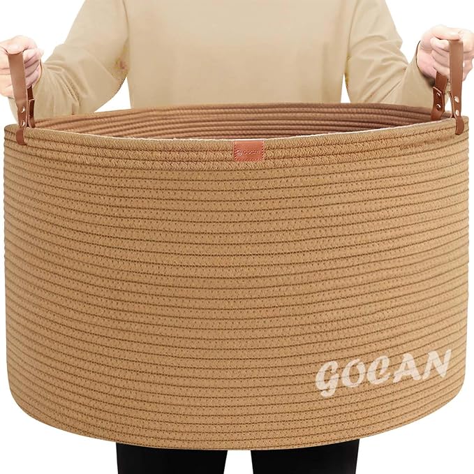 Cotton Rope Woven Laundry Basket 22"X 22"X 14" with handles (Pure Jute)XXXL | Hand-woven, ideal for storing blankets and cushions in the living room, and clothes for household storage.