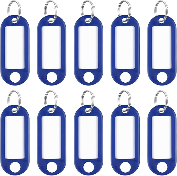 Uniclife 10 Pieces Key Tags 2 Inch Soft Plastic Key Chain Tags with Blank Paper Labels Clear Windows Protective Films and Split Rings Flexible Item Identifiers, Blue