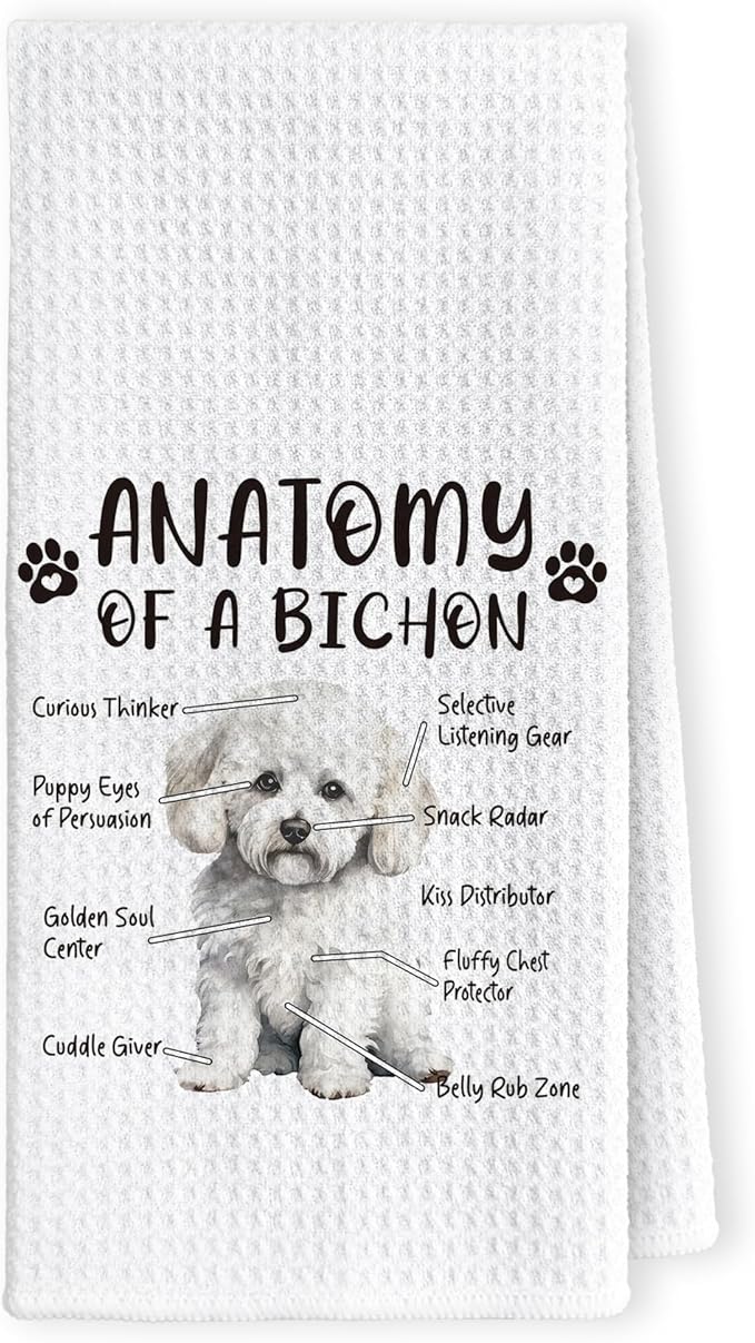 Funny Bichon Dog Kitchen Towels, Bichon Frise Gifts for Women, Men's Dog Anatomy Tea Towel for Home, Kitchen, Bathroom