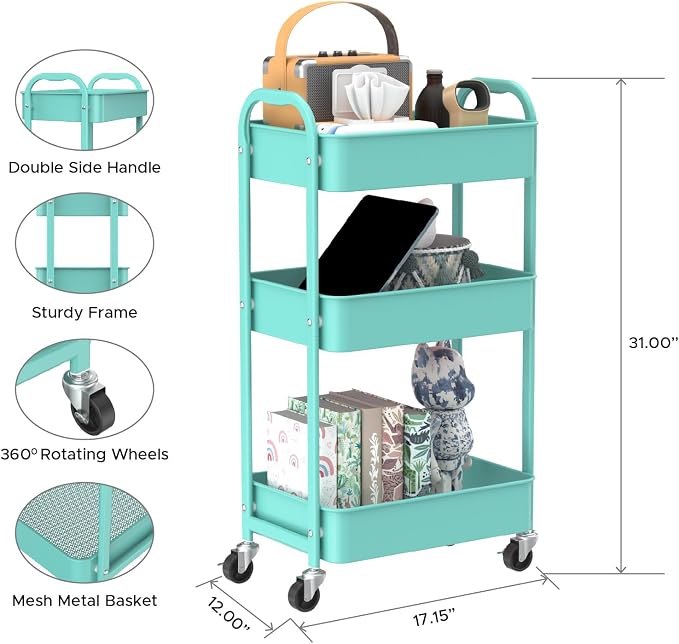MAX Houser 3-Tier Rolling Utility Cart with Caster Wheels,Easy Assembly, for Kitchen, Bathroom (Turquoise) | Easy Assembly, multi-purpose storage trolley for kitchen, rolling cart with smooth caster wheels for bathroom