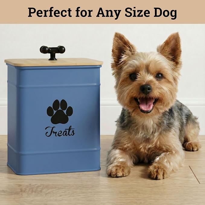 Dog Treat Container Airtight, 6"W x 8"H, Powder Coated, 12 Cup Capacity | Fits All Popular Treats, 12 Cup Capacity, Airtight Bamboo Lid, Easy Open Lid, Dent-Resistant Durable Metal Bone-Shaped Handle