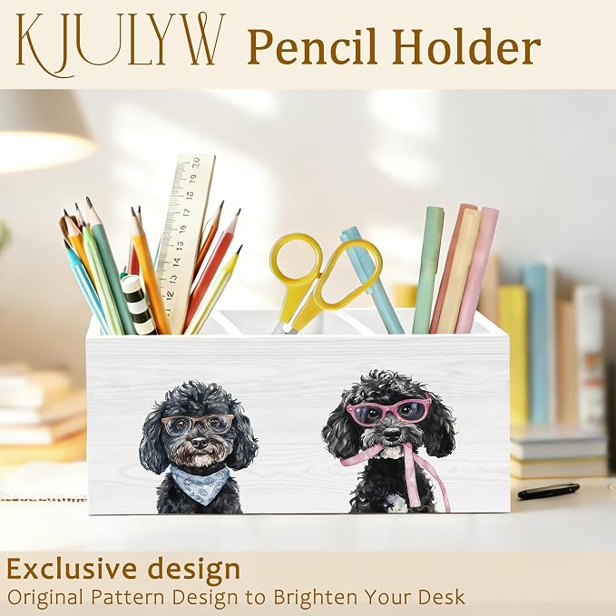 Black Poodle Pen Holder for Desk, Poodle Gifts for Women Men, Dog Lover Gifts Wooden Box Pencil Pen Holder Organizer for Home Office Desk Accessories