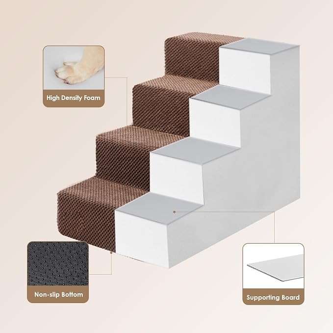 EHEYCIGA Dog Stairs for Bed 18" H, 4-Step Dog Steps for High Bed, Brown | Pet Steps for Small Dogs and Cats, Non-Slip Balanced Pet Ramp Indoor