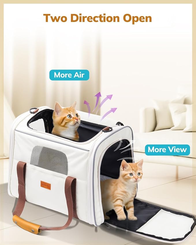 Morpilot Pet Carrier for Large Cats, Puppies & Small Dogs Up to 25lbs | Escape-Proof with Locking Zippers, Dual-Sided Cushion, Safety Buckle for Car & Vet Travel, Includes Foldable Bowl (Beige)