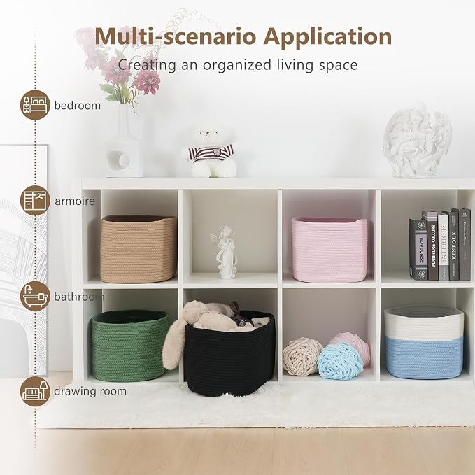 ECDYQXVU 15x10x9 Inch Woven Cotton Rope Storage Basket, 3 Pack | Foldable Design, Built-in Handles, Space-saving Organizer for Living Room, Bedroom, Laundry, Shelves, Clothes, Towels