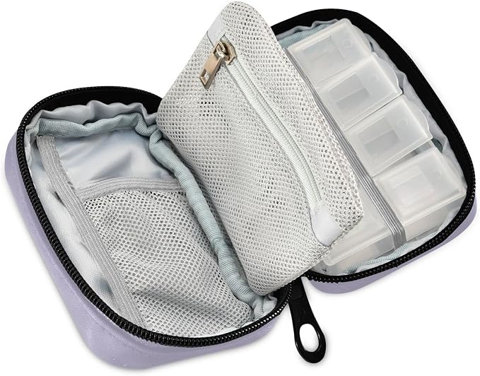 Pill Box 7 Day Case Travel Organizer Bag with Zipper Portable Weekly Compact Size for Vitamin Supplement Holder, Solid Color Lavender Purple, 4.6 x 3.14 1.88 Inch, 0.12 kilograms
