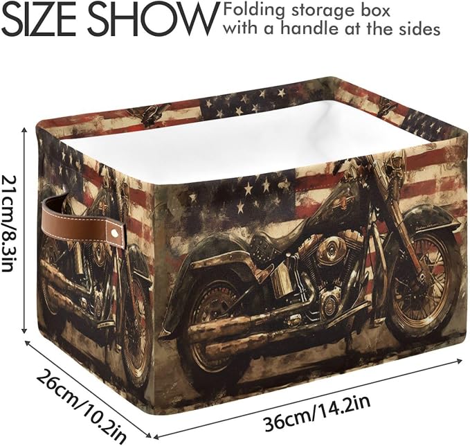 Kigai Motorcycle Flag Storage Basket with Handles Waterproof Collapsible Storage Bin Canvas Fabric Basket Decorative Box Closet Organizer for Nursery Bedroom Office