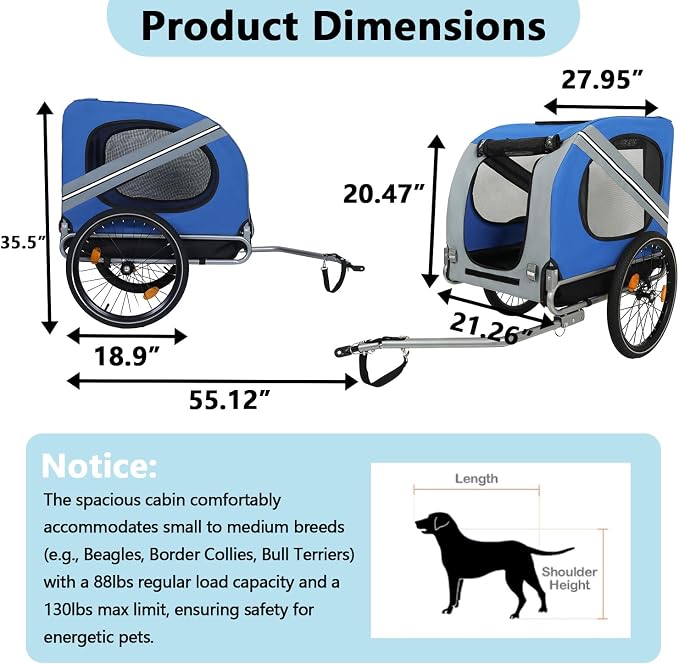 Large Dog Bike Trailer with 18.9" Wheels - 120LB Capacity Dog Trailer for Bike, Foldable Pet Bike Trailer for All-Terrain Cycling, Jogging & Camping