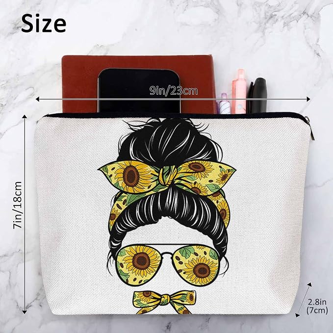 Women Makeup Organizer Bag Sunflower Woman, Messy Bun Woman Sunflowers Glasses Flax Cosmetic Bag Makeup Bags Toiletry Bag Accessories Organizer Travel Bags For Home Bathroom Office Hotel Gym