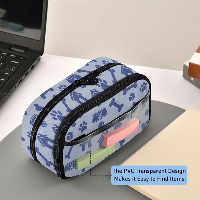 Pet Pawprints Blue print Large Capacity Pencil Case with Zipper Water Resistant Portable Organizer Pen Bag for School Students Office