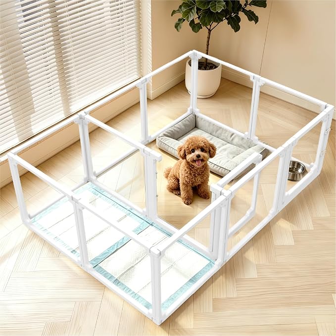 FlexiSpace Adjustable Clear Dog Play Pen, Expandable & Stackable Acrylic Dog Playpen, ONLY Dog Play Pen Indoors Grow with Your Pet Puppy Playpen (White, 24", 12 Panels)
