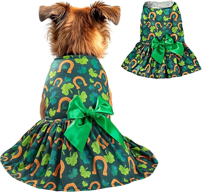 St. Patrick's Day Dog Costume Dress L, Green Clover and Horseshoe Print with Satin Bow, Pet Dress for 11-13 lbs Dogs and Cats, Festive Holiday Clothing
