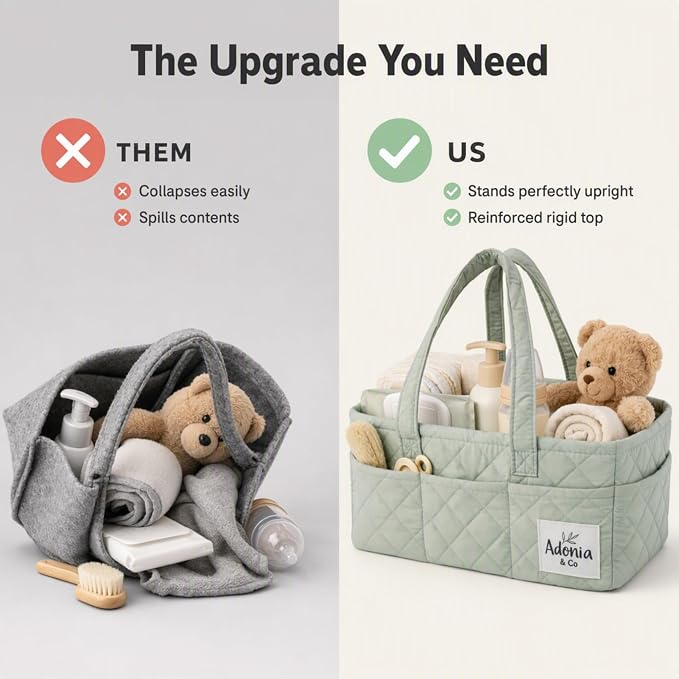 Adonia & Co Diaper Caddy Organizer – Baby Essentials Organizer, Large Nursery Storage Basket with Removable Divider, 8 Exterior Pockets, Portable, Machine Washable, Structured Design, Sage Green