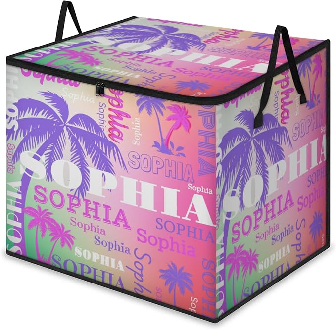 Personalized Storage Bins with Lid, Customized Name Jumbo Storage Basket Rectangle Clothes Organizer for Organizing Shelf Closet, Purple Pink Tropical Palm Trees Gradient Pink Green Background