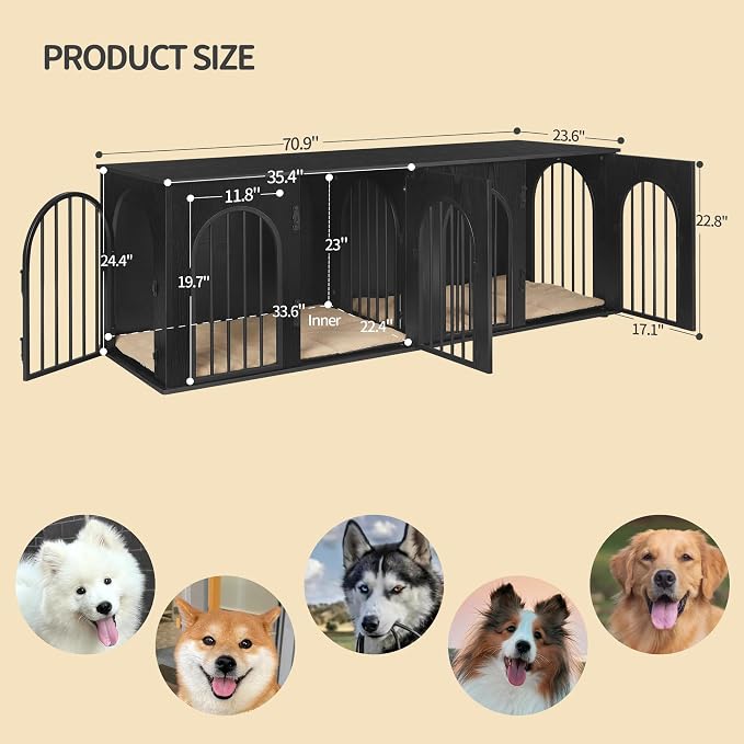 Hzuaneri 70.9" Double Dog Crate Furniture, Dog Kennel Indoor with Cushion | Heavy Duty Dog Crate Furniture for 2 Dogs,Dog Cage End Table TV Stand with Divider for Med-Large Dogs,Black DFC81904B