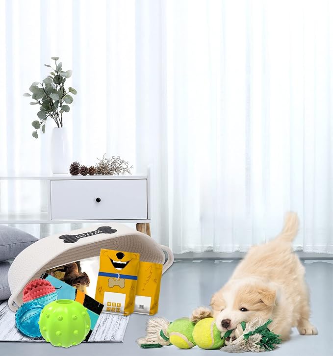 Morezi Dog toy baskets pet toy basket storage in small shallow stuff bin - Perfect for collect puppy toys, cat toy, grooming stuff, diapers, bed, for Bathroom, Playroom, Closet, Home - Beige
