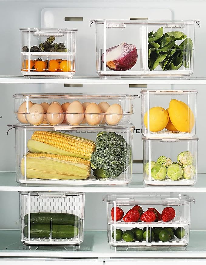 SANNO Produce Saver Fresh Keeper Vegetable Fruit Storage Containers, Refrigerator Fridge Stackable Bins with Lids and Vents, Stackable Salad Lettuce Keeper,BPA-freeContainers Bin-
