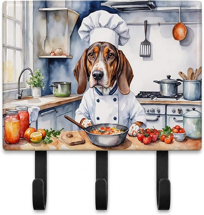 Caroline's Treasures American English Coonhound The Chef Leash or Key Holder Wall Hooks, Key Hooks Holder, Coat Rack Wall Mount, Coat Hooks, Hooks for Hanging Keys, Towels, Aprons, Leashes | American English Coonhound The Chef artwork on ceramic tile w...