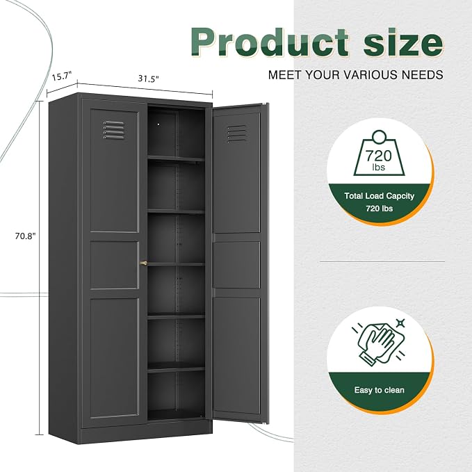 Black Storage Cabinet with Adjustable Shelves-Metal Home Kitchen Pantry Cabinets with Doors,Organization Locker for Cupboard/Bedroom/Dining/Living/Bathroom/Office/Garage Room