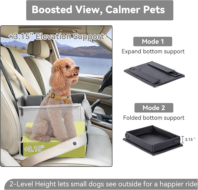 A 4 Pet Dog Car Seats for Small Dogs, Under 25 lbs, Patent Buckles | Adjustable leash, frame support, reduces anxiety, for cars/SUV/pickup