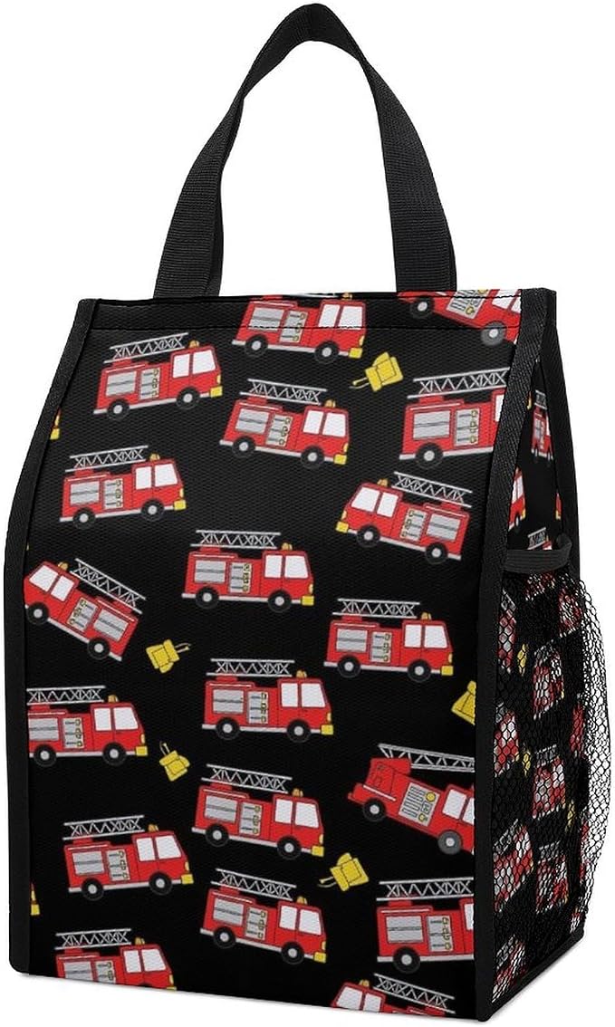 Reusable Insulated Lunch Bag Portable Foldable Lunch Totes Thermal Lunchbox Picnic Camping Cooler Bag Compatible with Fire Fighters Red Fire Truck Cartoon