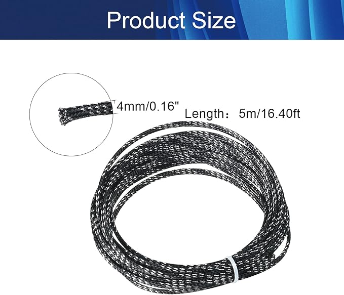 Jutagoss PET Expandable Braided Cable Sleeve, 16.4ft - 3/16 inch Black Silver Cable Management Sleeve, Wire Loom Tube Cord Protector for USB Cable, Power Cord, Audio Video and More, 1Pc