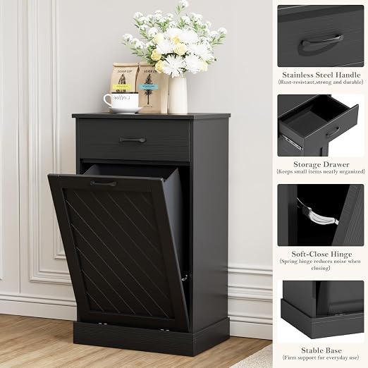 njnj 13 Gallons Tilt Out Trash Cabinet, Kitchen Hidden Trash Bin Cabinet Wood Garbage Recycling Cabinet with Hideaway Drawer, Pet Proof Freestanding Trash Bin for Kitchen Living Room Black