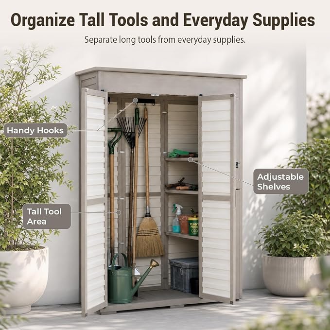 Ketive Outdoor Storage Cabinet, Fold-Down Shelf, 3 Shelves, 6 Hooks | Fir wood frame, textured plastic panels, and a sloped roof for patios, porches, gardens, and sheltered outdoor areas.