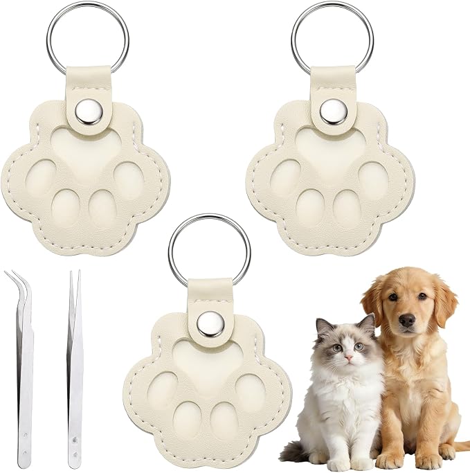 Dog Fur Storage Keychain, Pet Fur Keepsake Keyrings, Paw Shaped, Pet Hair Keepsake Keychains with Tweezers