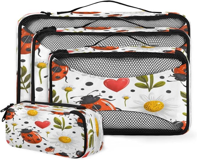 Packing Cubes for Travel, Cute Ladybugs Travel Luggage Packing Organizers for Women Men, Large Custom Toiletries Bag for Cosmetics Toiletries, Daisy Floral