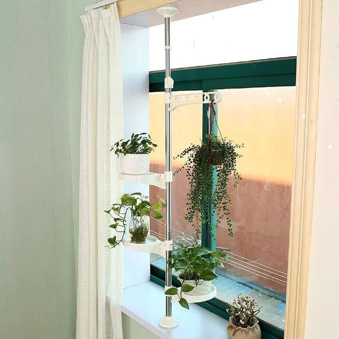 BAOYOUNI Plant Stand Tension Rod, 3 Trays&1 Arm Adjustable Ivory | Window Sill Flower Display Rack, Vertical 4-Tier Corner Storage，Indoor Pole Hanger for Counter Top & Home Decor