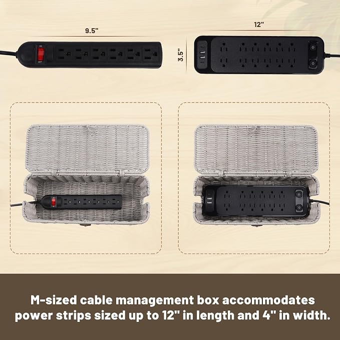 Cable Management Box, Cord Organizer with Lid & Cable Ties - Gray Small | Handmade Open Slots Cord Hider Outlet Covers for Power Strip TV PC Router Charger Under Desk Storage