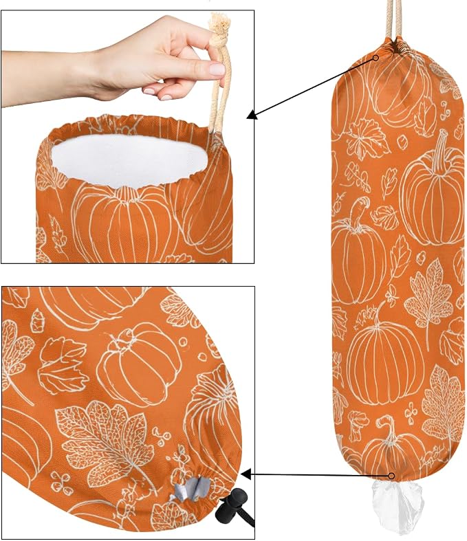 Orange Pumpkin Plastic Bag Holder Autumn Leaf Grocery Bag Storage Dispenser Washable Hanging Shopping Bags Carrier Reusable Wall Mount Trash Bag Organizer for Kitchen Pantry