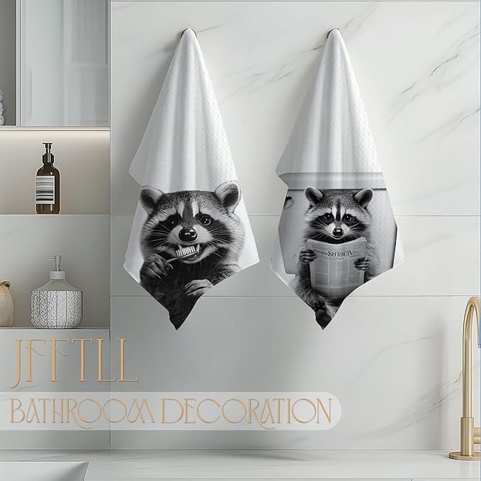 Raccoon Bathroom Decor Hand Towels, Raccoon Gifts for Women, Animal Lover Gifts, Black and White Funny Animal Hand Towels for Bathroom Washroom Restroom Decor, 16x24 Inch, Set of 4