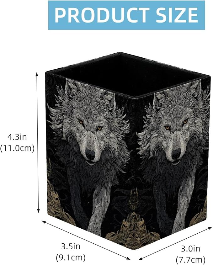 Wolf Pen Holder for Desk Decor, Rectangular PVC Leather Pencil Cup for Desk Pen Organizer, Makeup Brush Holder for School, Home, Office