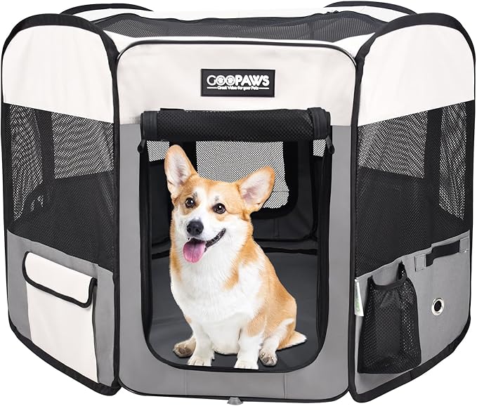 Jespet Soft Dog Playpen, Portable Pet Exercise Pen Kennel with Carry Bag | 2-Door, Easy to Fold, Ground Stakes, Zipper Locks, Large Storage Pocket, Washable Top Mesh Cover & Bottom Cover