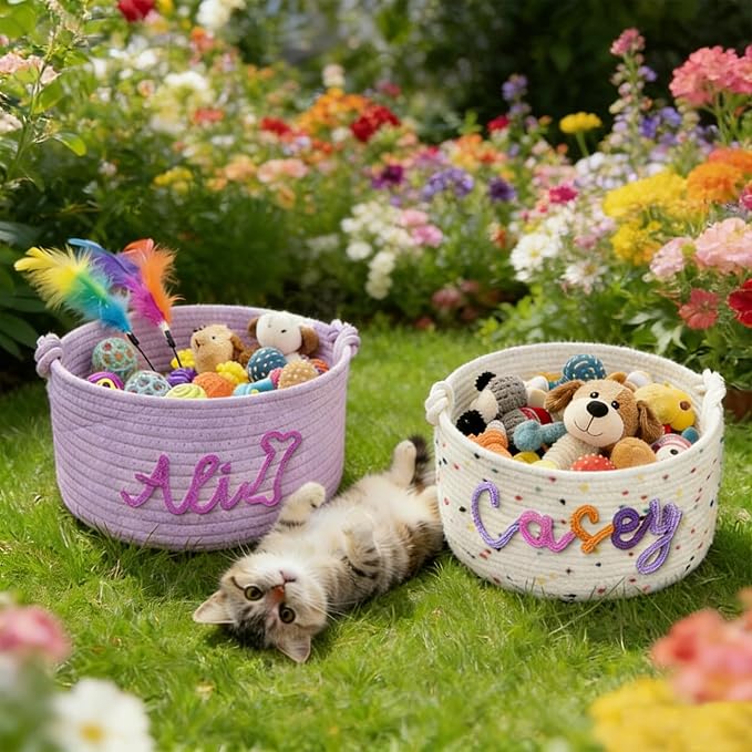 Personalized Dog Cat Toy Basket with Name, Custom New Puppy Toy Storage Bins with Handles, Customized Baskets Organizer for Blankets Pet Supplies Clothes Food