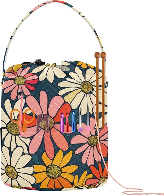 Fustylead Vibrant Vintage Groovy Daisy Flowers Yarn Crochet Tote Basket, Large Knitting Drawstring Organizer Yarn Storage Bag for Crocheting Project, Sewing Supplies, Yarn Balls, Needles