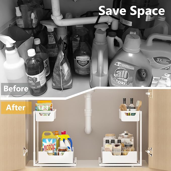 Ceetug Under Kitchen Sink Organizers and Storage, White, 1 Pack | Slide Out Drawer, L-shape, 2 Tier, Cabinet Organizer for Kitchen Bathroom