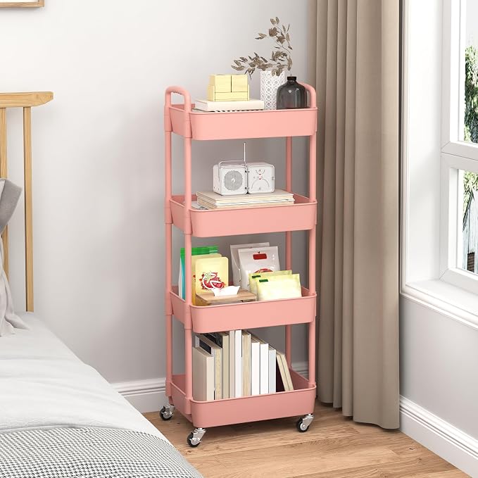Sywhitta 4-Tier Plastic Rolling Utility Cart with Wheels for Storage, Pink | Multi-Functional Storage Trolley, for Office, Living Room, Kitchen, Bathroom,Movable Organizer,Space-Saving,Easy to assemble