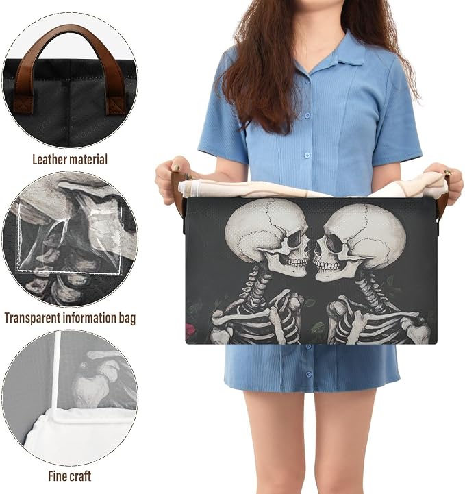 Romantic Skeleton Gothic Valentine's Day Storage Bins for Shelves with Labels&Handles Fabric Organizer Bin Foldable Rectangle Storage Basket Boxes for Closet, Bathroom, Home, Living Room, 2 Pack