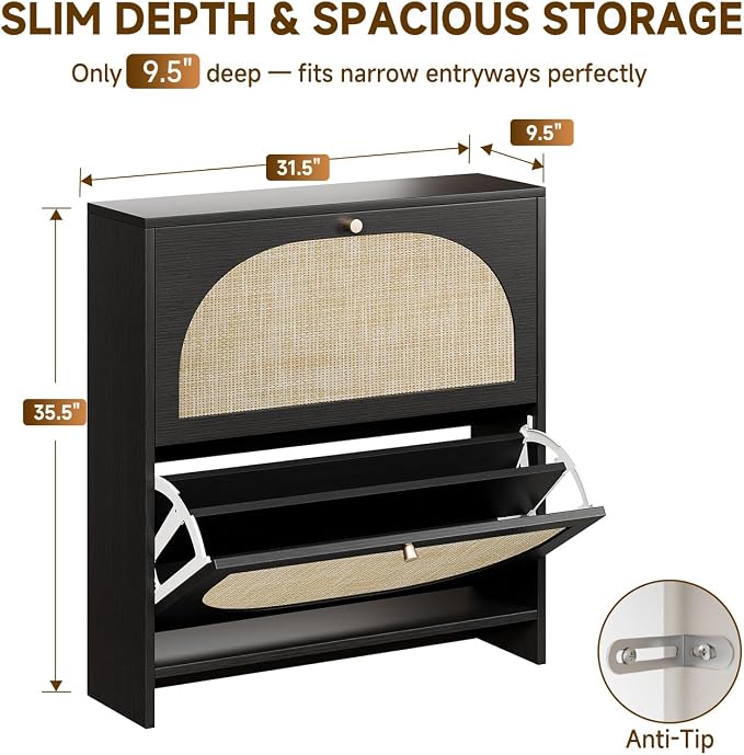 Shoe Organizer for Entryway, Slim Shoe Rack with 2 Flip Drawers, Modern Boho Rattan Shoe Cabinet Storage for Entryway, Narrow Shoe Cabinet with Adjustable Shelves for Small Spaces, Black