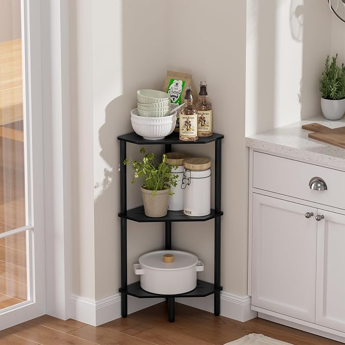 Black Corner Bathroom Shelf, 3 Tier Bamboo Kitchen Corner Shelves, Display Shelf, Shower Corner Caddy, Indoor Plant Stand Balcony, Freestanding Storage Organizer Stand for Living Room, Small Spaces