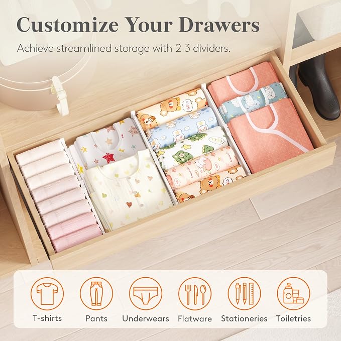 Lifewit 3.2" High Drawer Dividers for Clothes, Adjustable Drawer Organizers | 10.5"-16.5" Expandable Plastic Separator for Dresser, Kitchen, Cabinet, Closet, Nursery, Socks & Underwear Storage, 4 Pack