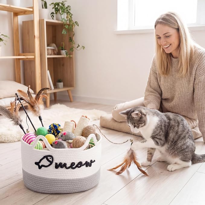 Cat Toy Basket with Cat Ear Handles, 15 x 11 x 9 in Woven Cats Toy Bin, Large Two-tone Cotton Rope Storage Box, Meow Words Organizer for Toys, Blankets, Home Decor (White, Gray)