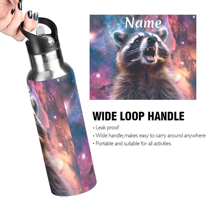 Custom Name Raccoon with Galaxy Water Bottle with Straw Lid Kids Insulated Stainless Steel Water Flask Sports, 20 Oz Hot Cold