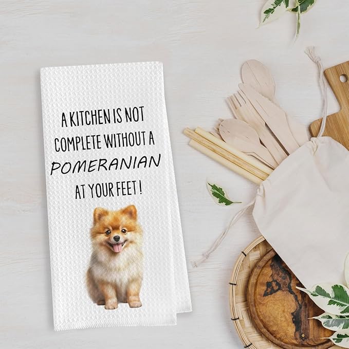 Pomeranian Kitchen Towels - Funny Pomeranian Decorative Waffle Weave Microfiber Kitchen Cloths, 16x24 Inches