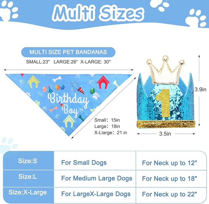 Rensh Dog Birthday Party Supplies, Dog Birthday Bandana Hat with Numbers for X-Large Large Small Pets, Multi Size Birthday Decorations for Dogs and Cats (Blue, Small)