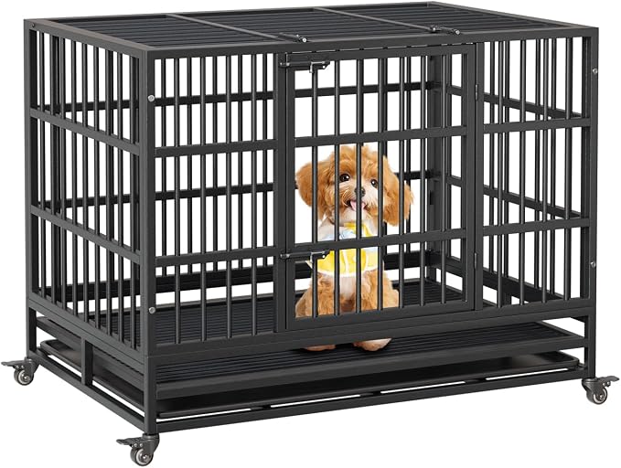 GarveeLife 42inch Heavy Duty Dog Crate, Foldable Indoor Dog Cage with Double Door, 360° Lockable Wheels and Removable Tray, Easy to Clean and Assembly，for Small Medium Dogs